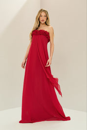 Vestido Longo sem Alça em Chiffon com Babados no Decote e Calda Frontal - Armênia Vermelho