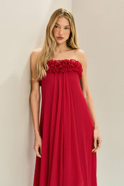 Vestido Longo sem Alça em Chiffon com Babados no Decote e Calda Frontal - Armênia Vermelho