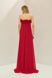 Vestido Longo sem Alça em Chiffon com Babados no Decote e Calda Frontal - Armênia Vermelho