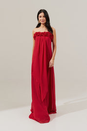 Vestido Longo sem Alça em Chiffon com Babados no Decote e Calda Frontal - Armênia Vermelho