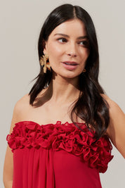 Vestido Longo sem Alça em Chiffon com Babados no Decote e Calda Frontal - Armênia Vermelho