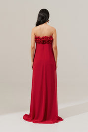 Vestido Longo sem Alça em Chiffon com Babados no Decote e Calda Frontal - Armênia Vermelho