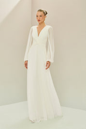 Vestido Longo em Tule com Decote V, Nó e Drapeado Frontal, Mangas Longas - Macau Off White