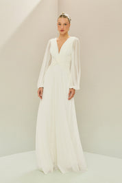 Vestido Longo em Tule com Decote V, Nó e Drapeado Frontal, Mangas Longas - Macau Off White