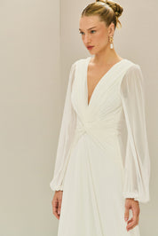 Vestido Longo em Tule com Decote V, Nó e Drapeado Frontal, Mangas Longas - Macau Off White
