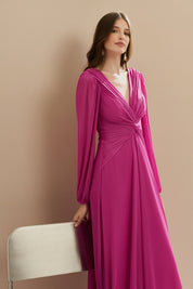 Vestido Longo em Tule com Decote V, Nó e Drapeado Frontal, Mangas Longas - Macau Rosa Pink