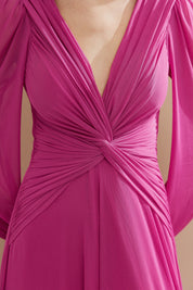 Vestido Longo em Tule com Decote V, Nó e Drapeado Frontal, Mangas Longas - Macau Rosa Pink