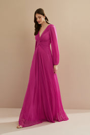 Vestido Longo em Tule com Decote V, Nó e Drapeado Frontal, Mangas Longas - Macau Rosa Pink