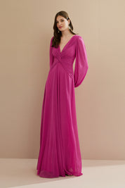 Vestido Longo em Tule com Decote V, Nó e Drapeado Frontal, Mangas Longas - Macau Rosa Pink