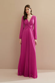 Vestido Longo em Tule com Decote V, Nó e Drapeado Frontal, Mangas Longas - Macau Rosa Pink