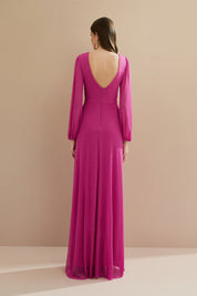 Vestido Longo em Tule com Decote V, Nó e Drapeado Frontal, Mangas Longas - Macau Rosa Pink