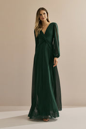 Vestido Longo em Tule com Decote V, Nó e Drapeado Frontal, Mangas Longas - Macau Verde Bandeira