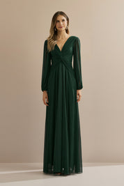 Vestido Longo em Tule com Decote V, Nó e Drapeado Frontal, Mangas Longas - Macau Verde Bandeira