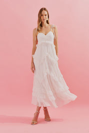 Vestido Midi com Alças Finas e Babados na Saia - Holanda Off White