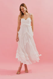 Vestido Midi com Alças Finas e Babados na Saia - Holanda Off White