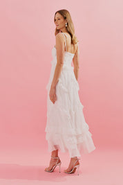 Vestido Midi com Alças Finas e Babados na Saia - Holanda Off White