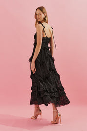 Vestido Midi com Alças Finas e Babados na Saia - Holanda Preto