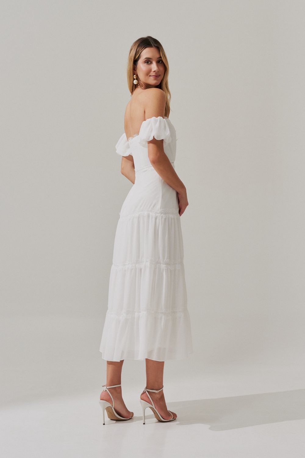 Vestido Midi com Decote Coração e Manga Bufante - Dinamarca Off White