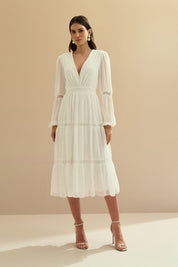 Vestido Midi com Decote V e Manga Longa - Manu Off White