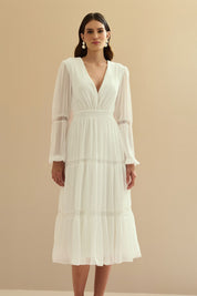 Vestido Midi com Decote V e Manga Longa - Manu Off White