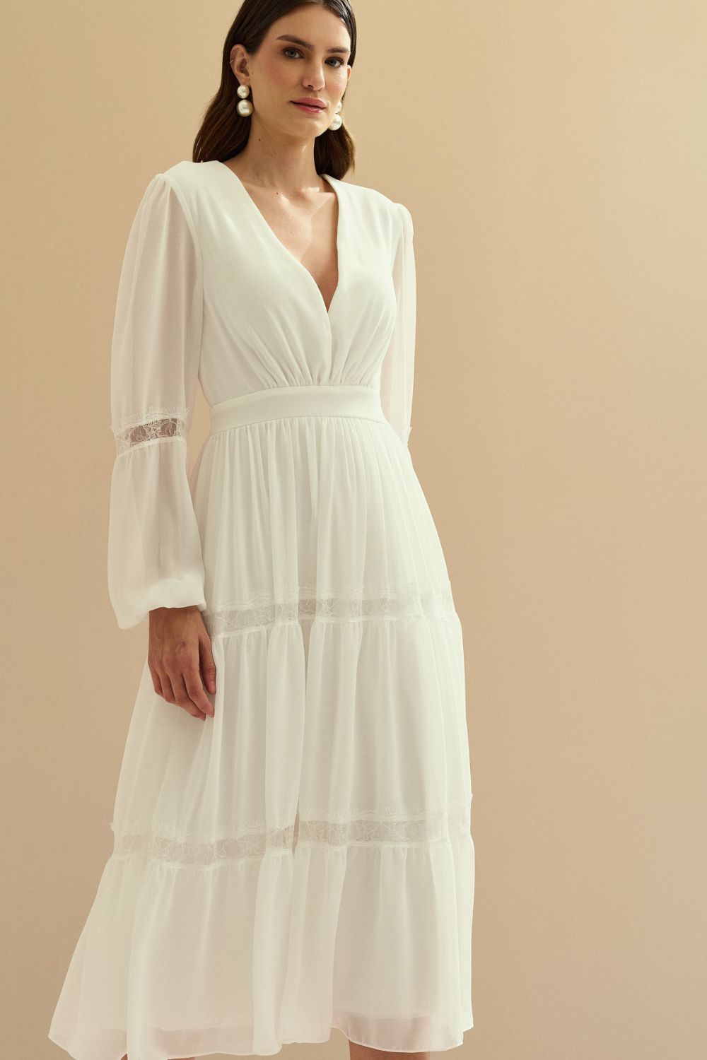Vestido Midi com Decote V e Manga Longa - Manu Off White