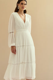 Vestido Midi com Decote V e Manga Longa - Manu Off White