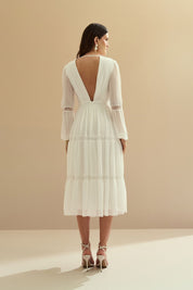 Vestido Midi com Decote V e Manga Longa - Manu Off White