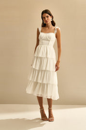 Vestido Midi com Detalhe em Renda Guipir e Saia de Babados - Pluma Off White