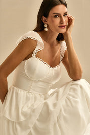 Vestido Midi com Detalhe em Renda Guipir e Saia de Babados - Pluma Off White