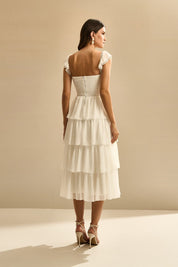 Vestido Midi com Detalhe em Renda Guipir e Saia de Babados - Pluma Off White