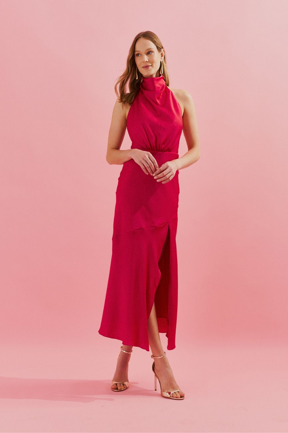 Vestido Midi com Gola Degage e Fenda Frontal - Estela Vermelho