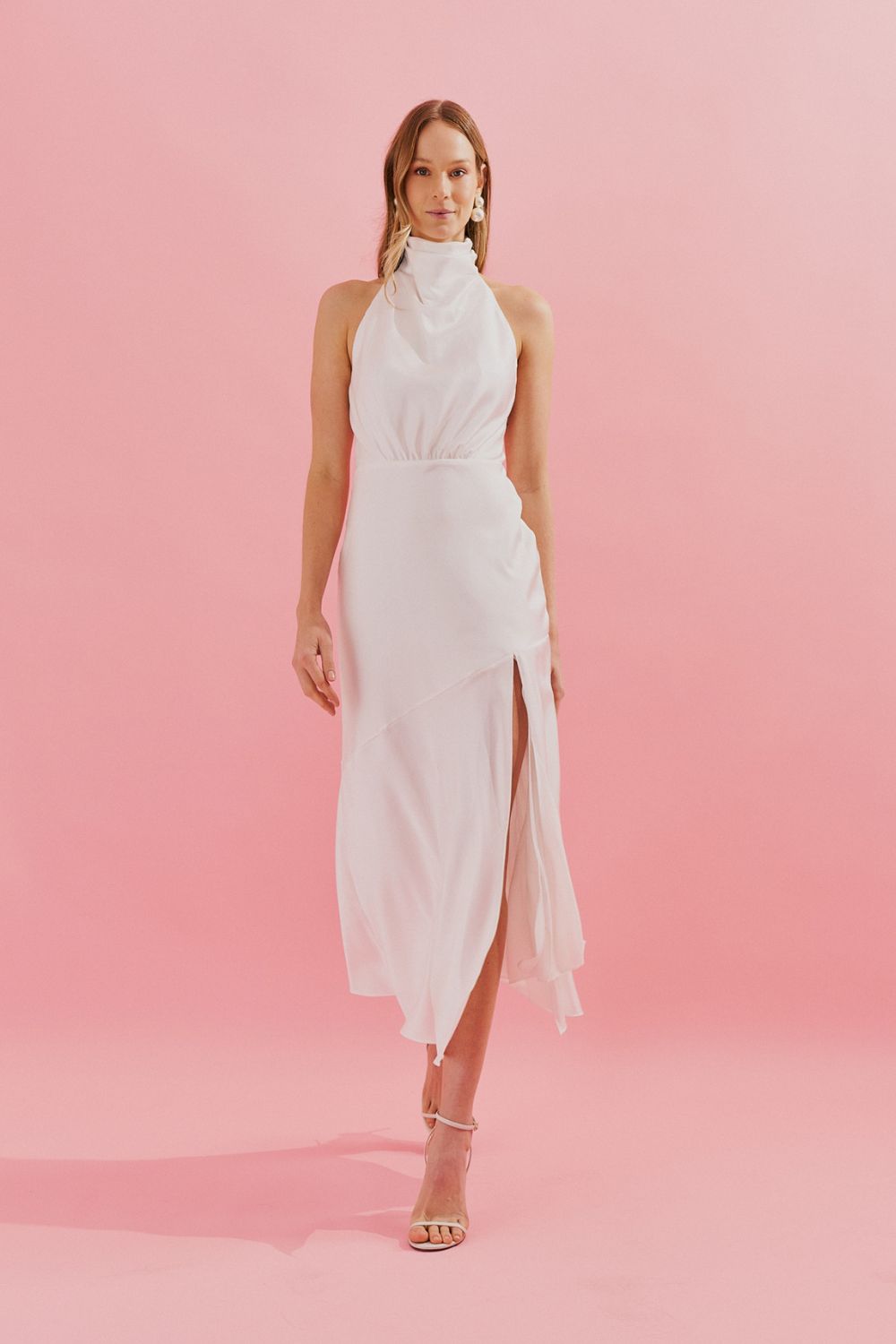 Vestido Midi com Gola Degage e Fenda Frontal - Estela Off White