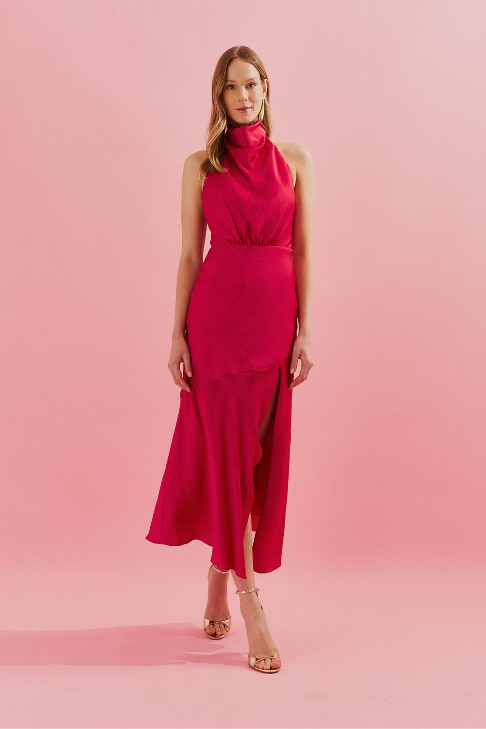 Vestido Midi com Gola Degage e Fenda Frontal - Estela Vermelho