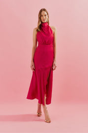 Vestido Midi com Gola Degage e Fenda Frontal - Estela Vermelho