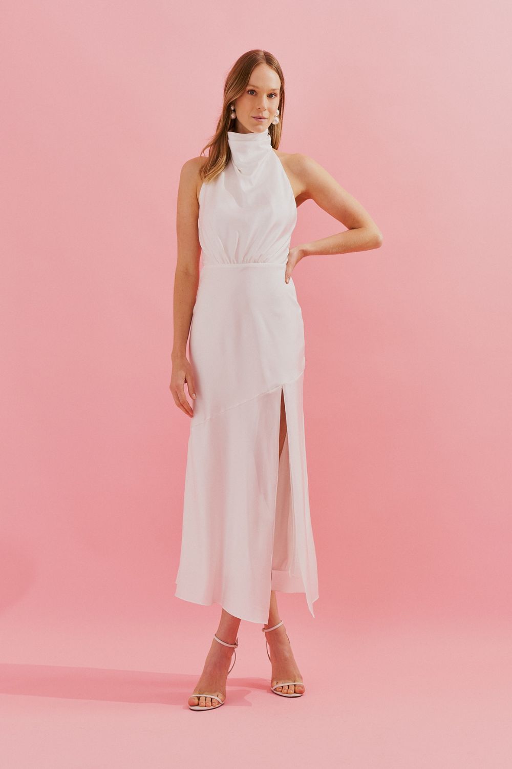Vestido Midi com Gola Degage e Fenda Frontal - Estela Off White