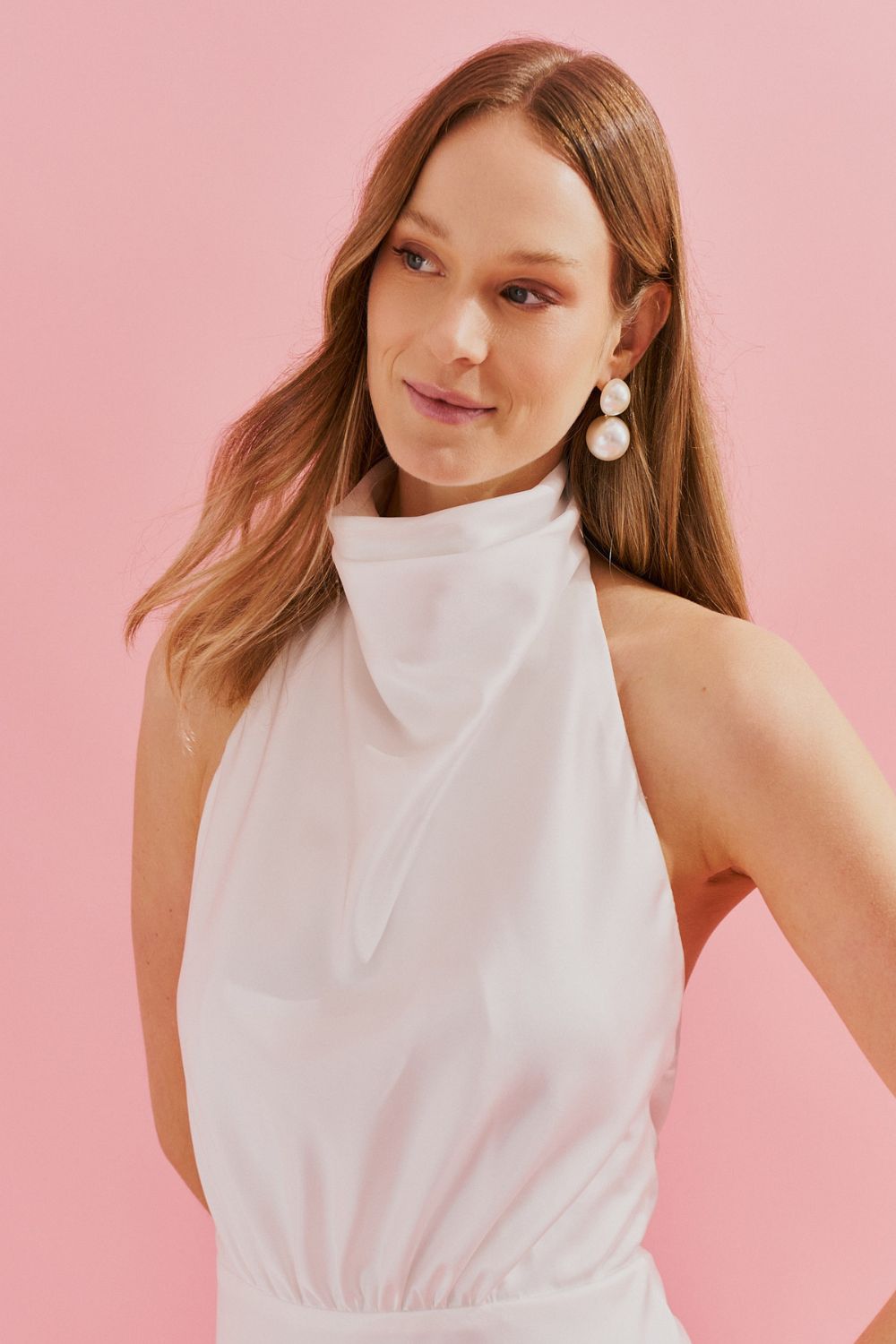 Vestido Midi com Gola Degage e Fenda Frontal - Estela Off White