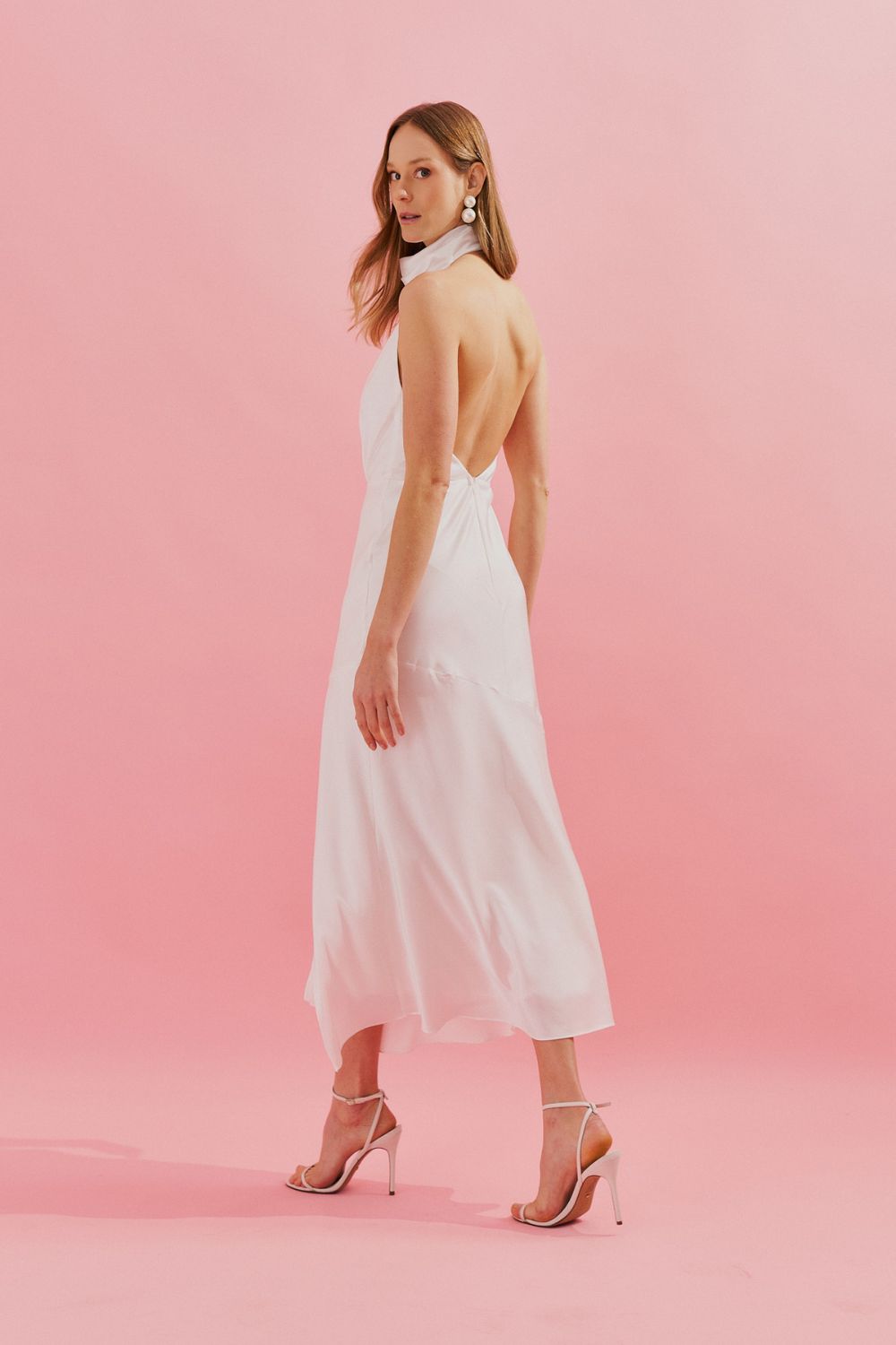 Vestido Midi com Gola Degage e Fenda Frontal - Estela Off White