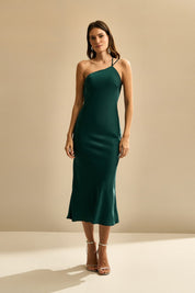 Vestido Midi de Cetim com Decote Triangular Lateral e Amarração nas Costas - Gana Verde Bandeira