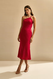 Vestido Midi de Cetim com Decote Triangular Lateral e Amarração nas Costas - Gana Vermelho