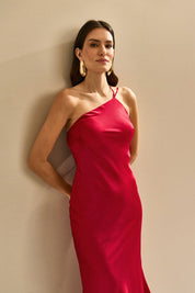 Vestido Midi de Cetim com Decote Triangular Lateral e Amarração nas Costas - Gana Vermelho