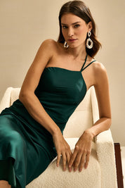 Vestido Midi de Cetim com Decote Triangular Lateral e Amarração nas Costas - Gana Verde Bandeira