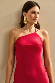 Vestido Midi de Cetim com Decote Triangular Lateral e Amarração nas Costas - Gana Vermelho