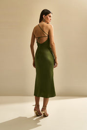 Vestido Midi de Cetim com Decote Triangular Lateral e Amarração nas Costas - Gana Oliva