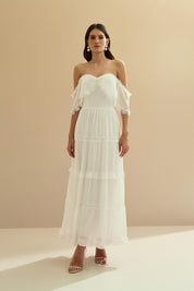 Vestido Midi de Chiffon com Detalhes em Renda Chantilly - Marfim Off White