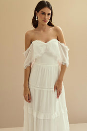 Vestido Midi de Chiffon com Detalhes em Renda Chantilly - Marfim Off White