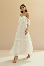 Vestido Midi de Chiffon com Detalhes em Renda Chantilly - Marfim Off White