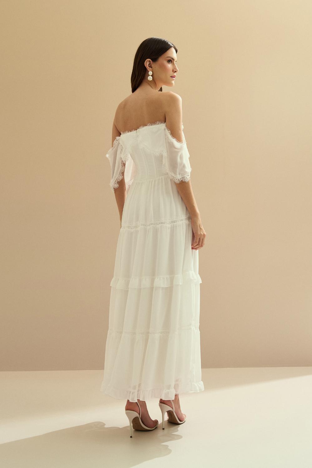 Vestido Midi de Chiffon com Detalhes em Renda Chantilly - Marfim Off White
